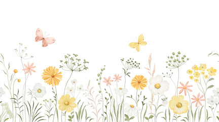 Naklejka premium Watercolor floral border with delicate yellow, white and coral color flowers, chamomiles, abstract green plants and flying butterflies. Delicate isolated nature background for wallpapers, mural, frame