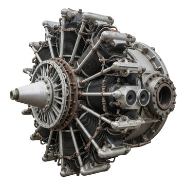 Vintage radial aircraft engine isolated on white, antique airplane motor with metallic cylinders, retro aviation engineering and mechanical turbine parts