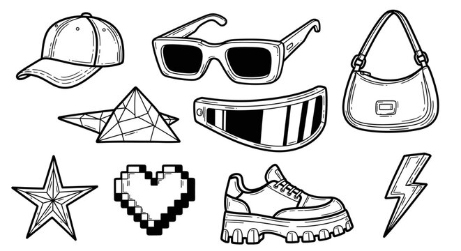 Hand-drawn Y2K aesthetic icons: baseball cap, sunglasses, bag, sneaker, star