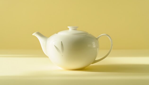 Elegant white teapot on yellow background with sunlight and shadow detail