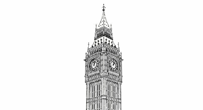 Stylized sketch of a large clock tower with gothic architectural details