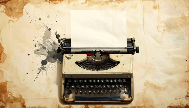 Vintage typewriter on textured paper with ink splatters and blank page