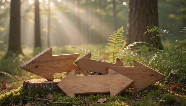 Wooden arrows on tree stump pointing toward the light in a sunlit forest