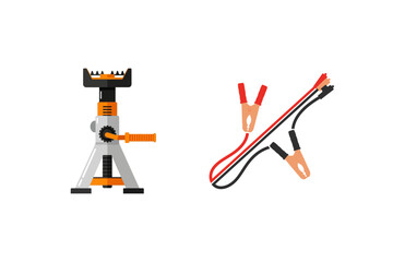 Vector illustration of car repair tools - jack stand and jumper cables © Zdihaha_studio
