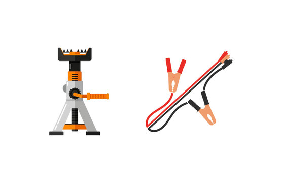 Vector illustration of car repair tools - jack stand and jumper cables