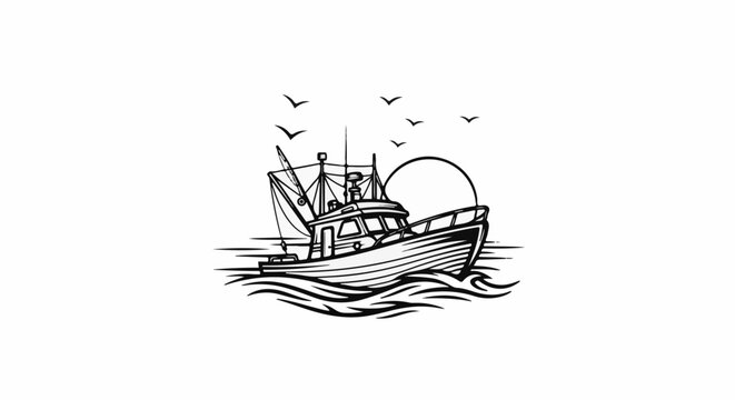 Stylized outline of a fishing boat on wavy water under a setting sun