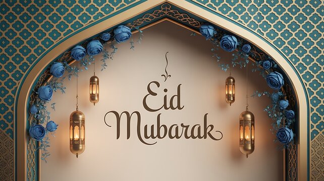 Elegant Eid Mubarak greeting background with blue roses and golden lanterns in an ornate archway frame