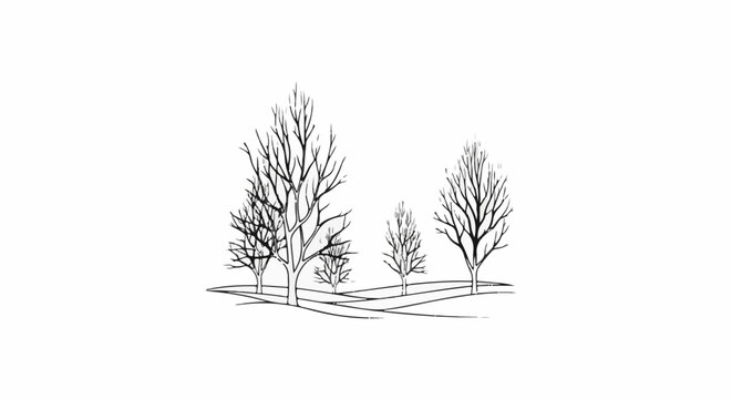 Stylized sketch of leafless trees on rolling hills