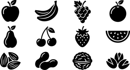 black and white icons of various fresh fruits on a white background © Afia