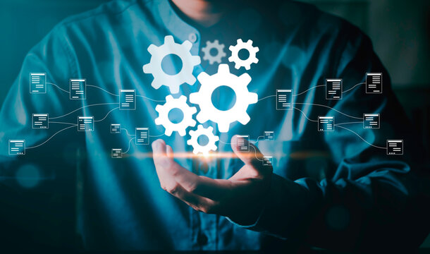 Automation workflow and system integration, gears, connected data nodes, process automation, digital transformation, business workflow management, data synchronization, enterprise system optimization.