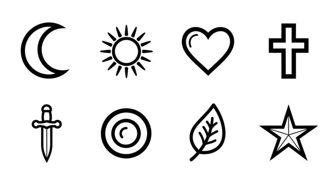 Celestial Body, Heart, Cross, Dagger, Leaf, Star Icons