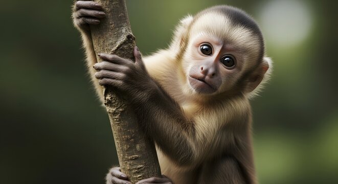 Close-up of a young capuchin monkey clinging to a tree branch in a lush forest setting.