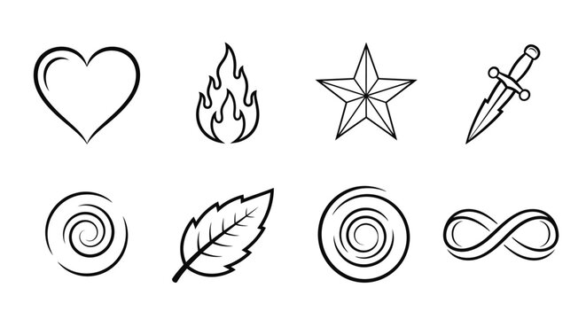 Hand-drawn Icons: Heart, Fire, Star, Dagger, Swirls, Leaf, Infinity