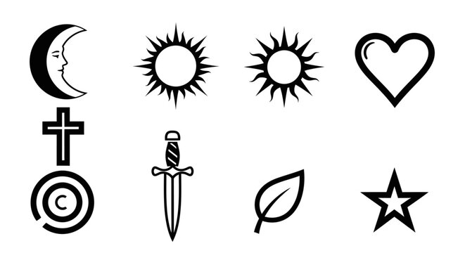 Collection of Simple Black Icons: Sun, Moon, Heart, Star, Cross, Dagger, Leaf