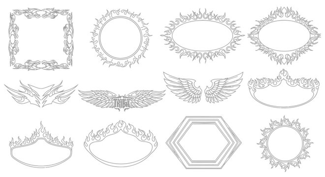 Decorative Ornate Frames and Emblems Set: Fire, Wings, Crowns, Geometric Shapes