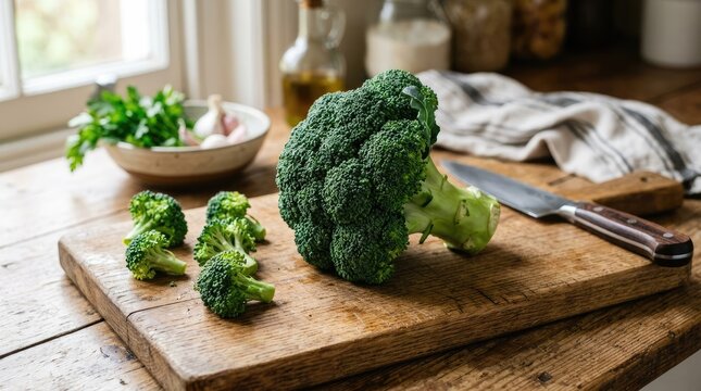 A large head of broccoli sits on a wooden cutting board. Several smaller florets of broccoli are arranged around the main head.