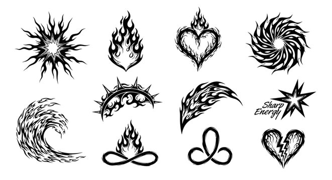 Fiery Symbols and Abstract Shapes: Sun, Heart, Wave, Starburst, Infinity