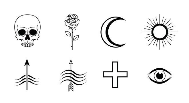 Esoteric Symbols: Skull, Rose, Moon, Sun, Eye, Cross, Arrows