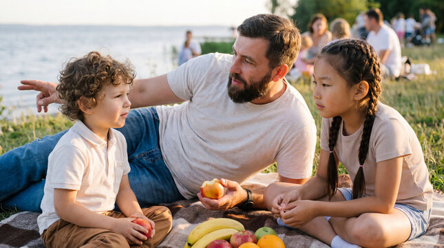 A father with children on a picnic in the park on a day off. Walking with a child
