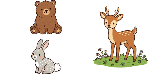 Fototapeta premium Adorable Baby Animal Vector Character Set Featuring Cute Bear Rabbit and Deer on Grass with Flowers for Kids Nursery Decor and Children Sticker Designs.