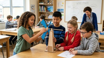 Fototapeta premium Several elementary school students are collaboratively building a wind turbine model at a classroom table. A teacher is assisting them.