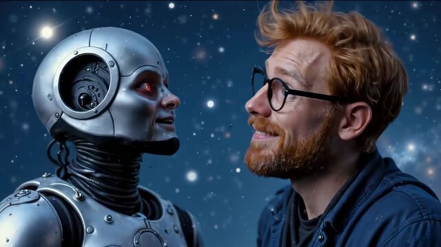 Red haired man with glasses looking into the eyes of a silver humanoid robot against a starry night sky for artificial intelligence and human connection concept