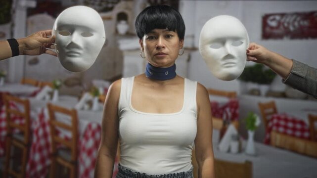 Young chinese woman in white tanktop with neck scarf, white masks held beside her face by two hands amid red checkered tables in a restaurant building; identity concealment anxiety.
