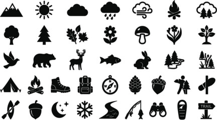 Outdoor Nature Icons Set with Animals Trees Mountains Weather Camping Hiking Equipment and Wildlife Elements for Adventure Travel Forest Exploration Design Collection © Mimi