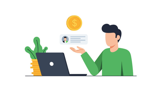 Freelancer managing digital profile and earning money online, flat vector illustration of professional working on laptop with gold coin and user account icons.