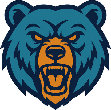 angry blue bear head with orange eyes and mouth growling aggressively
