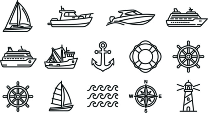 Marine Nautical Icons Set with Boats Ships Anchor Compass Lighthouse Waves Helm and Lifebuoy Elements for Sea Travel Sailing Navigation and Ocean Design Collection