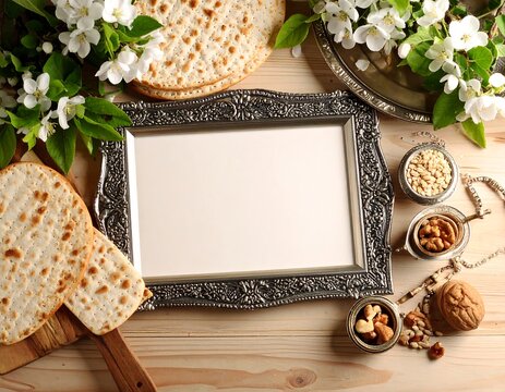 Top-down shot showcases a rustic wooden table. It features matzah bread, a silver framed picture, spring blossoms, and assorted nuts
