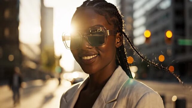 Woman with braided hair wearing sunglasses in golden hour city light