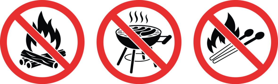 No open fire, prohibition signs, set of red warning circle icons illustrating no fire grilling and no match use restrictions for safety and hazard prevention signage.