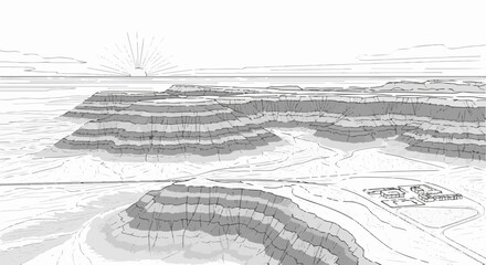 Fototapeta premium Sunrise over layered canyons with a distant building complex