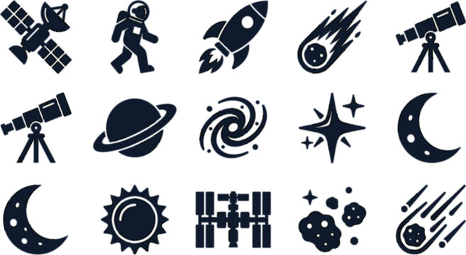 Space Silhouette Icons Set with Astronaut Rocket Satellite Telescope Planets Galaxy Stars Sun Moon and Meteors for Astronomy Science Exploration Design Collection