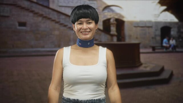 Woman smiling reaches out hands wearing blue neck scarf in front of building steps and fountain; joy.