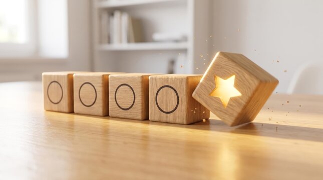 Outstanding performance concept, Excellence recognition, Top quality rating, A wooden block with a glowing star stands out among simple circles on a bright desk.
