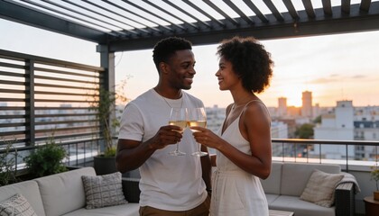 Obraz premium Black couple toasting with wine on a rooftop terrace at sunset. Romantic date night in the city with skyline view. Happy man and woman celebrating together outdoors
