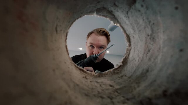 Drilling wall hole view from inside tunnel