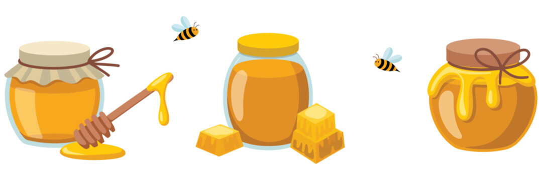 Three jars of golden honey bees honeycomb white background vector illustration