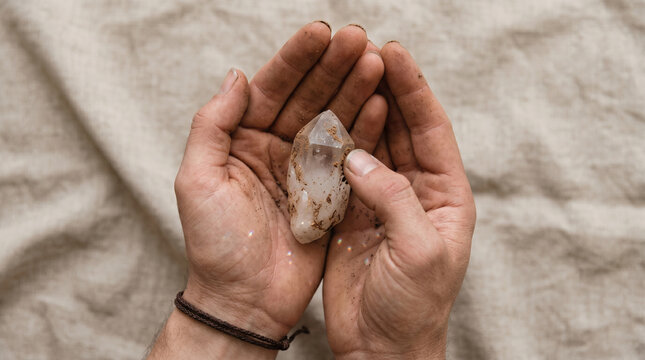 Dirty hands holding a raw clear quartz crystal found in the earth