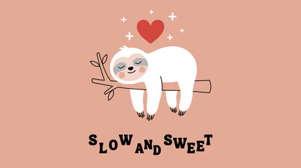 Fototapeta premium Cute Sloth Illustration, Sleeping Animal Character, Slow Sweet Life Concept, Lazy Wildlife Mascot, Cartoon Sloth on Tree Branch Vector Drawing