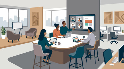Naklejka premium Remote Collaboration Office Scene With Screens and Flexible Seating