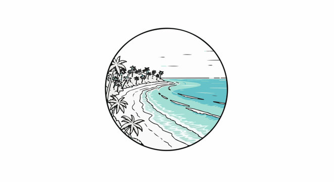 Tropical beach scene with palm trees and turquoise water, framed in a circle