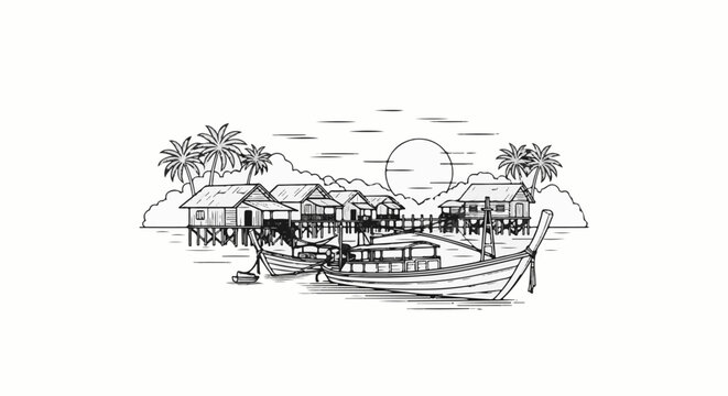 Tropical island village with stilt houses, palm trees, and boats at sunset