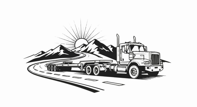 Truck on a winding mountain road at sunrise