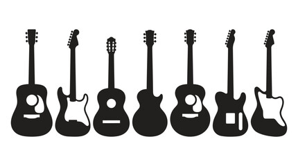 Naklejka premium Guitar vector illustration collection featuring acoustic and electric silhouettes in diverse shapes and styles, perfect for music artwork, instrument graphics, creative design, and branding projects.