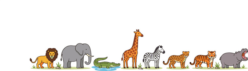 Fototapeta premium Cute Safari Animal Vector Border Set Featuring Lion Elephant Crocodile Giraffe Zebra Leopard Tiger and Hippo for Kids Educational Web Headers and Nursery Wall Art.