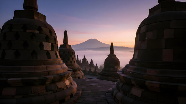 Stunning Sunrise at Borobudur Temple with Mount Merapi in the Background.